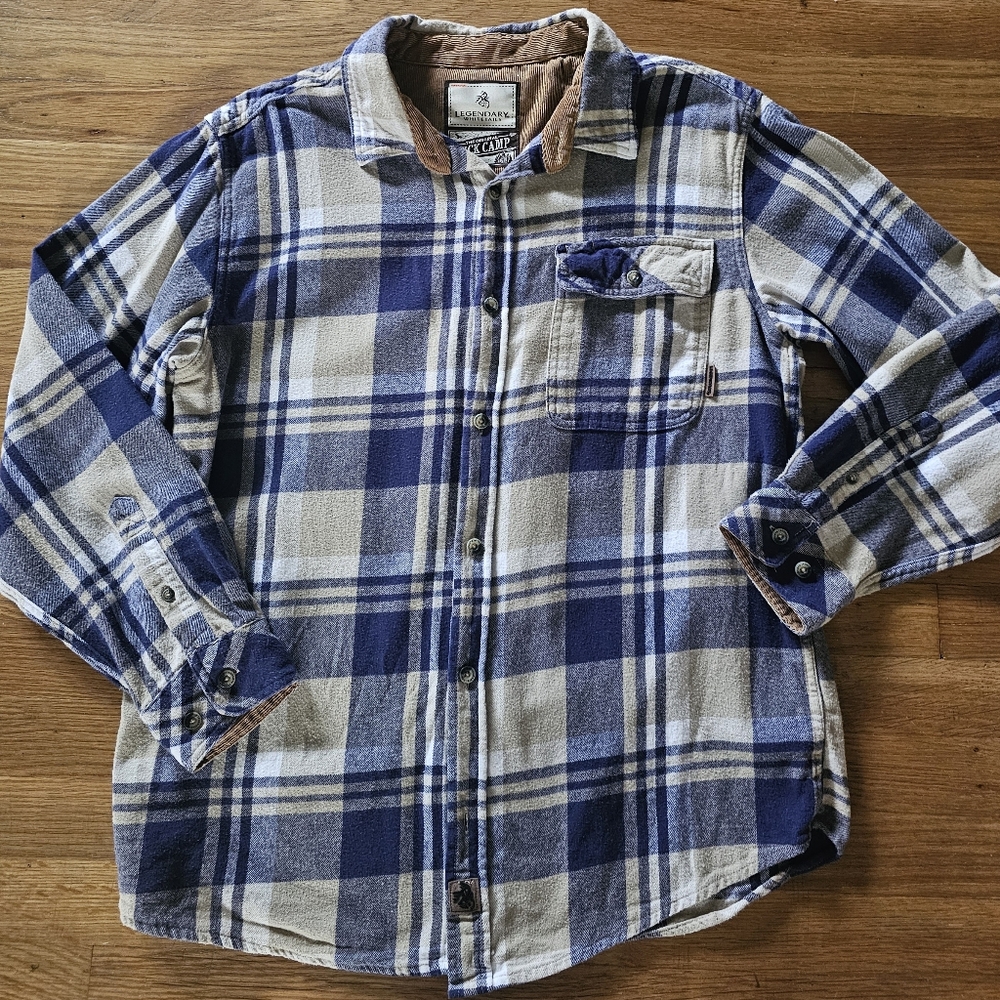 Men's Buck Camp Legendary Whitetails Blue Tan Plaid FlannelShirt Men'sSize Large